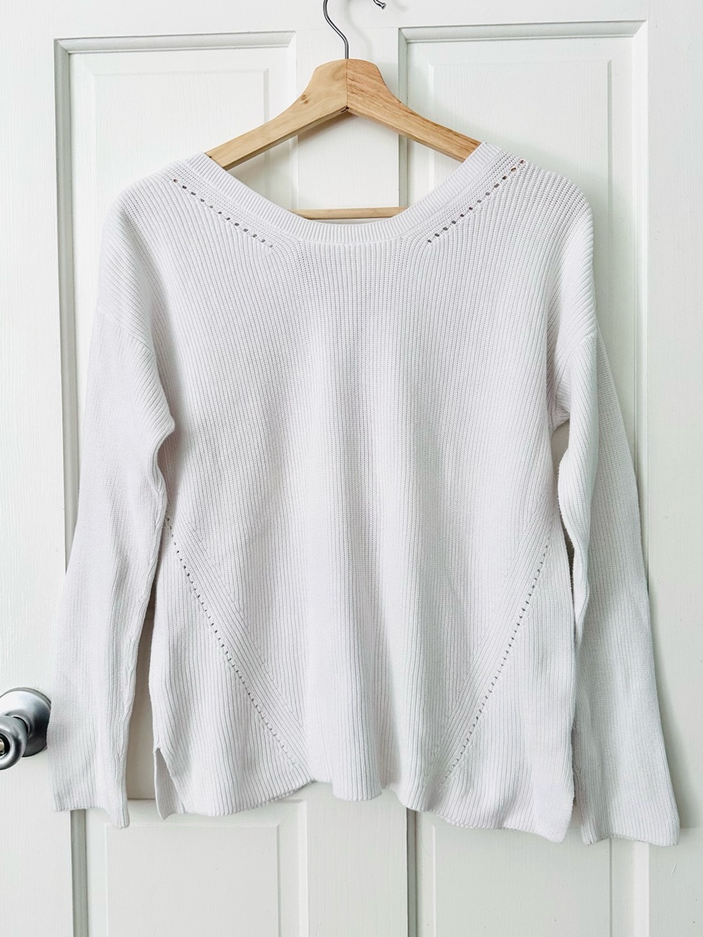 OST White Ribbed Knit Crewneck Sweater 100% Cotton Pointelle Tie Neck Size M